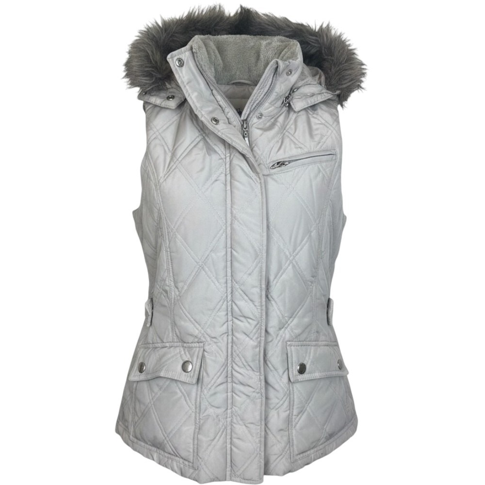 Weatherproof Womens Diamond Quilted Vest Faux Fur Hooded Puffer Small Cream